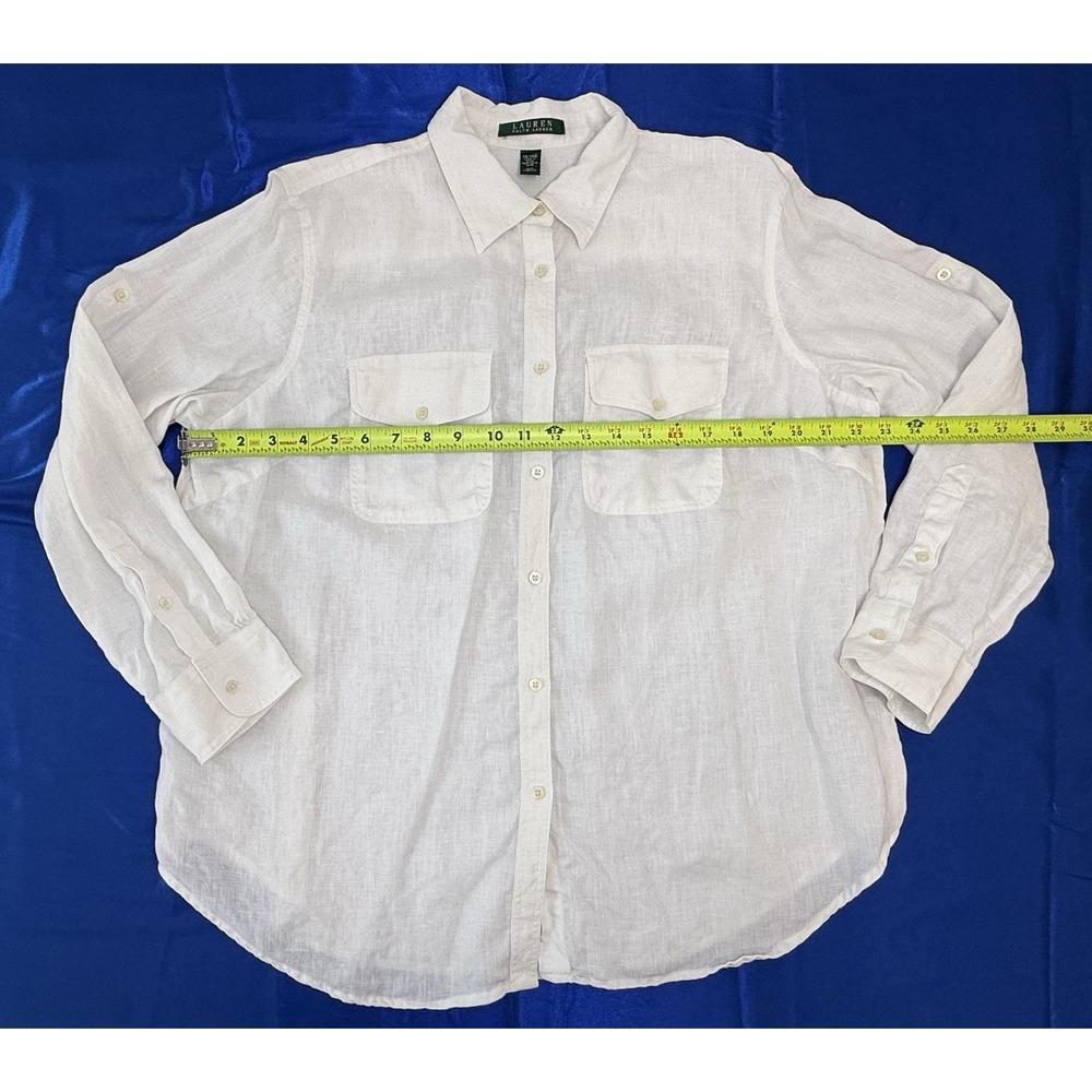 Lauren Ralph Lauren Women's 1X / XL White Linen Long Roll Sleeve Button-Up Shirt - Picture 5 of 7